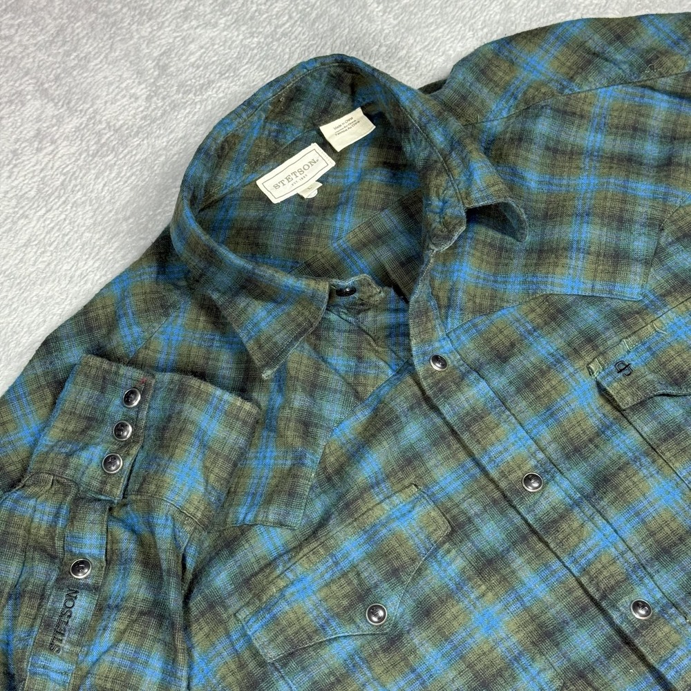 Stetson L Flannel Western Shirt Mens Green Blue Plaid Pearl Snap 11-01-478-727GR